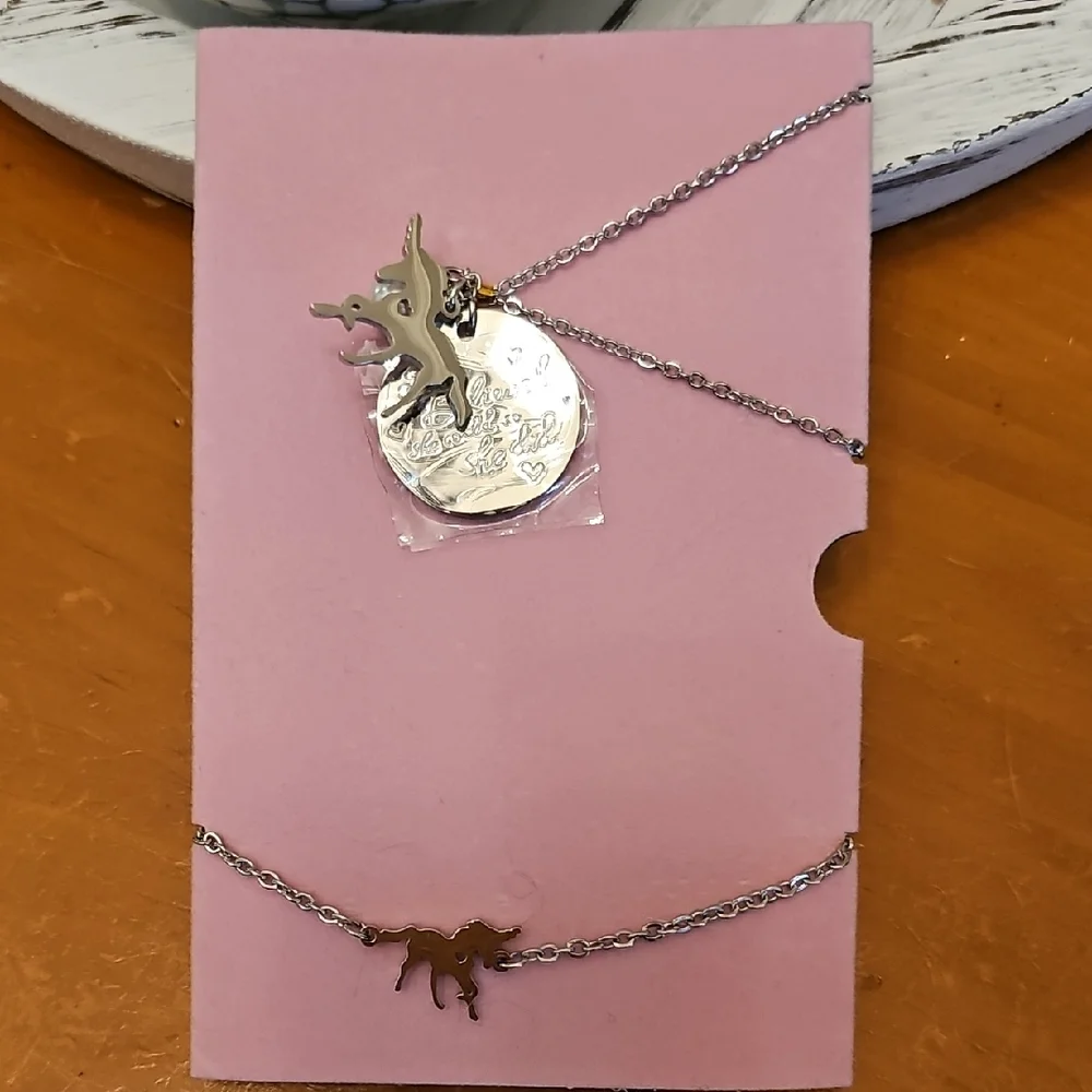 Silver Tone Unicorn Pendant Necklace and Bracelet Set